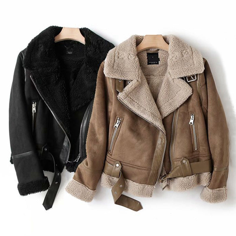 Women's Suede Lamb Wool Jacket - Winter Motorcycle Coat | fash-ique