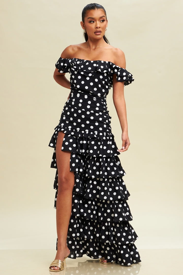 Gorgeous High Low Tiered Polka Dot Dress - Black Pretty Woman Style