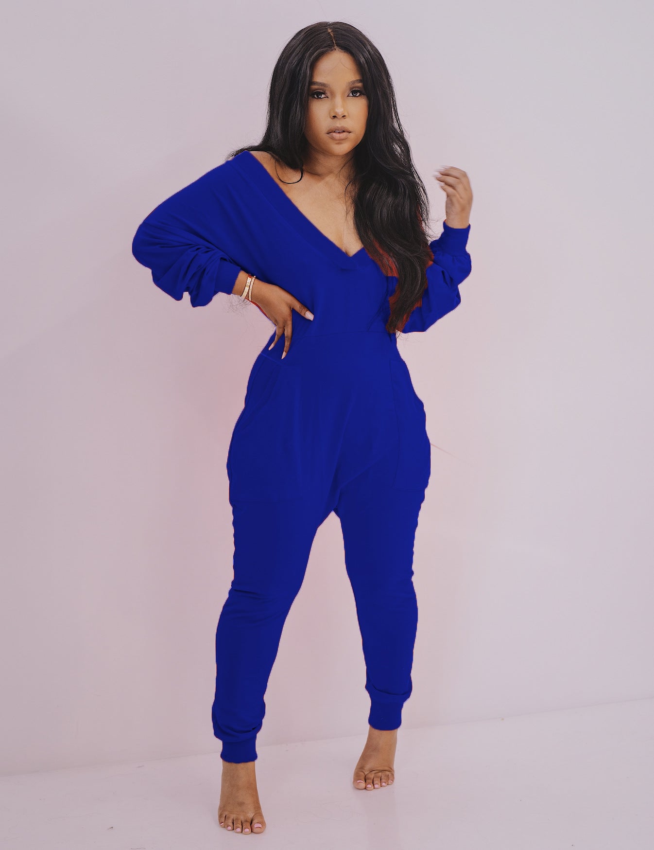 Women's V-Neck Jumpsuit - Long Sleeve Sweatshirt Pajama Loungewear | Bella Mia