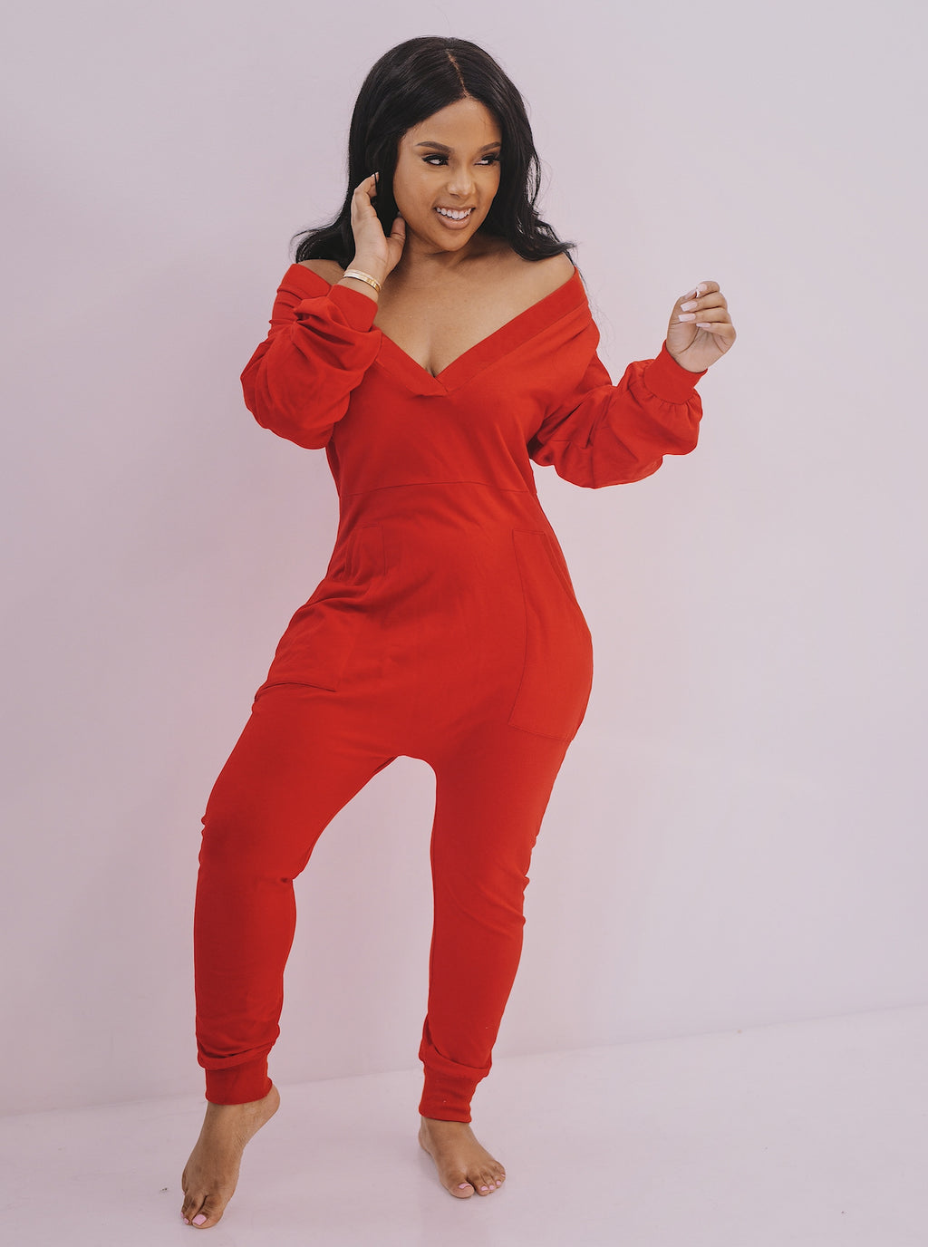 Women's V-Neck Jumpsuit - Long Sleeve Sweatshirt Pajama Loungewear | Bella Mia