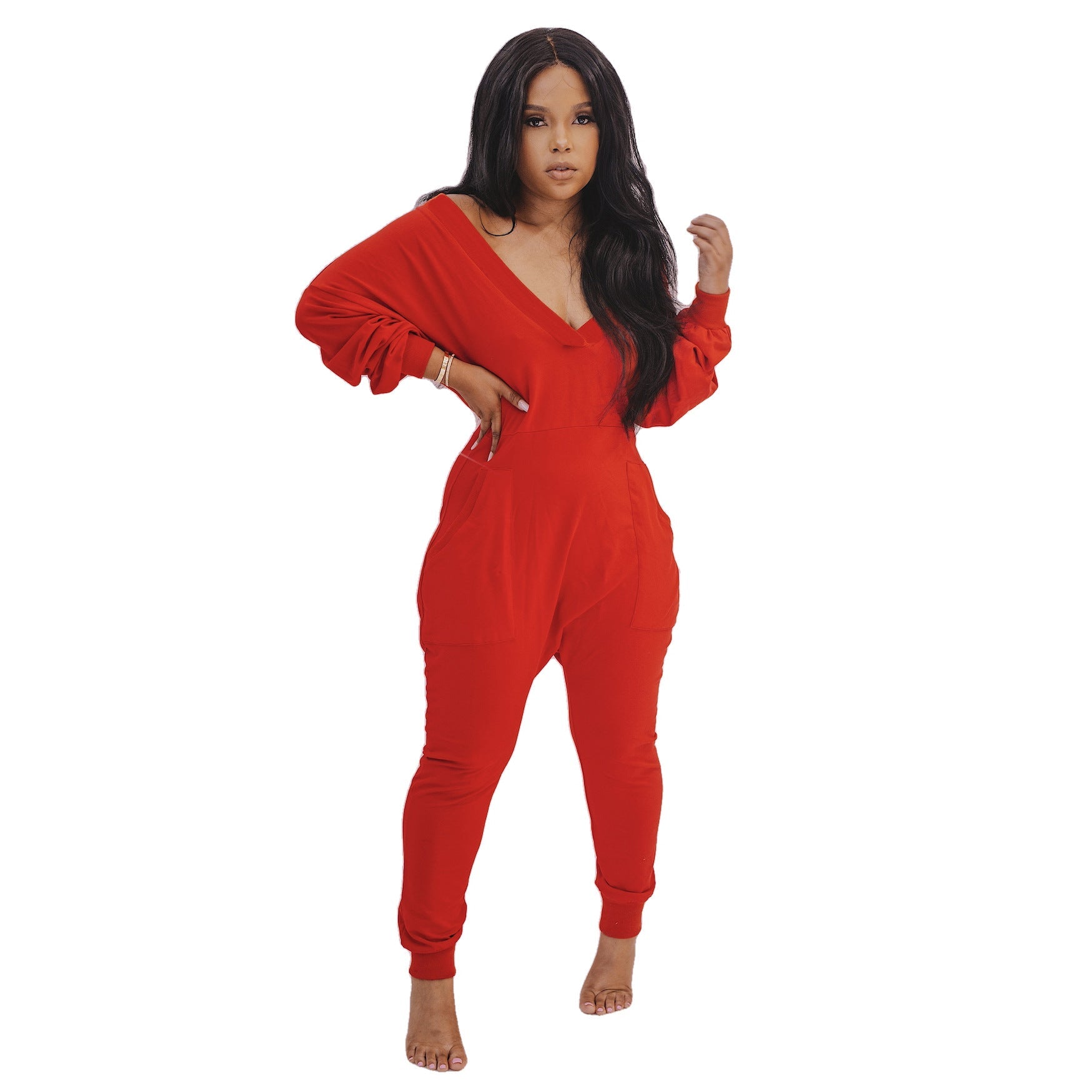 Women's V-Neck Jumpsuit - Long Sleeve Sweatshirt Pajama Loungewear | Bella Mia