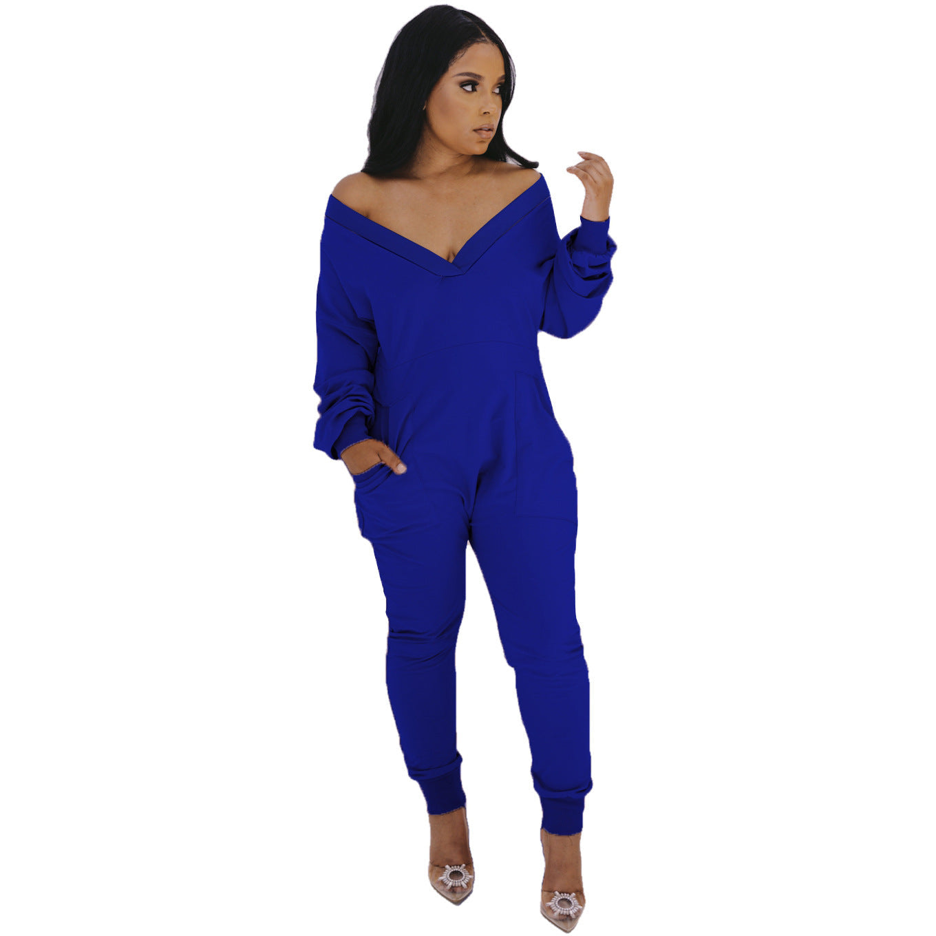 Women's V-Neck Jumpsuit - Long Sleeve Sweatshirt Pajama Loungewear | Bella Mia