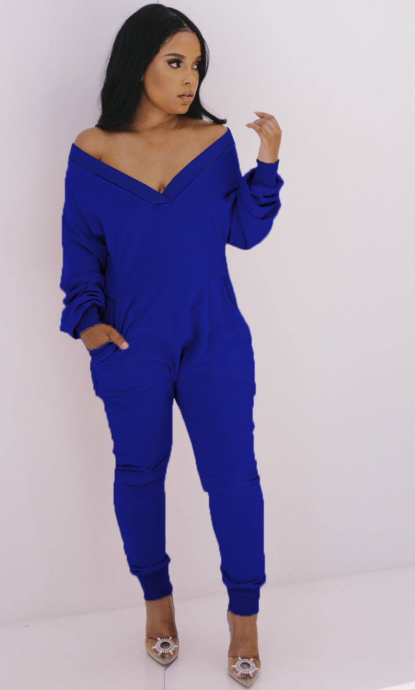 Women's V-Neck Jumpsuit - Long Sleeve Sweatshirt Pajama Loungewear | Bella Mia