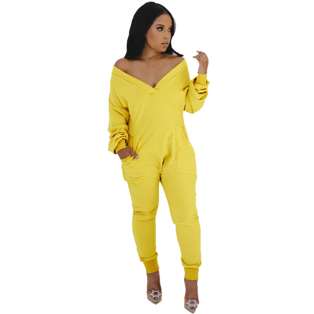 Women's V-Neck Jumpsuit - Long Sleeve Sweatshirt Pajama Loungewear | Bella Mia