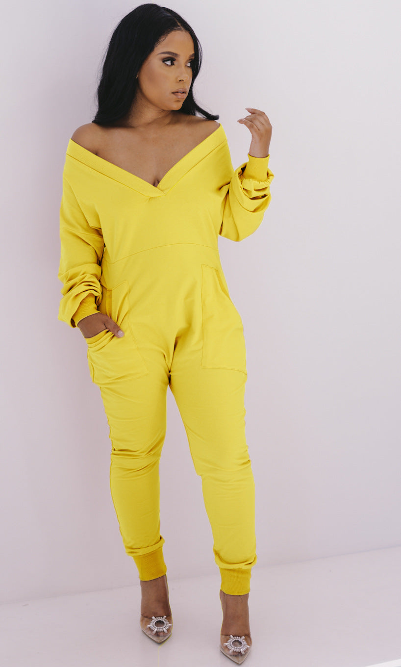 Women's V-Neck Jumpsuit - Long Sleeve Sweatshirt Pajama Loungewear | Bella Mia