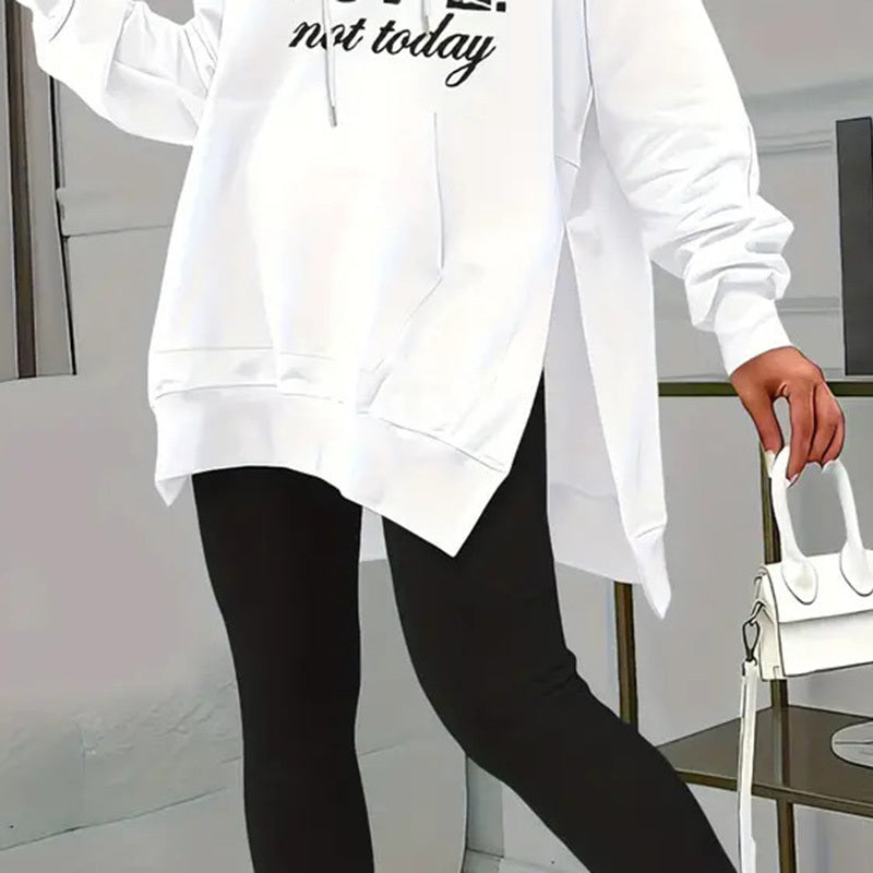 Casual 2-Piece Set Solid Color Leggings & Letter Print Hooded Sweatshirt