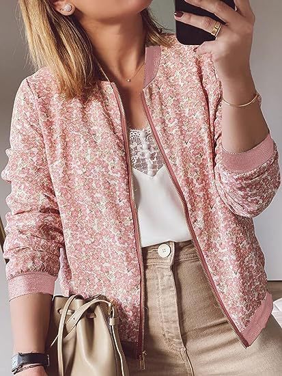 Women's Casual Bomber Jacket - Zipper Stand Collar Short Coat