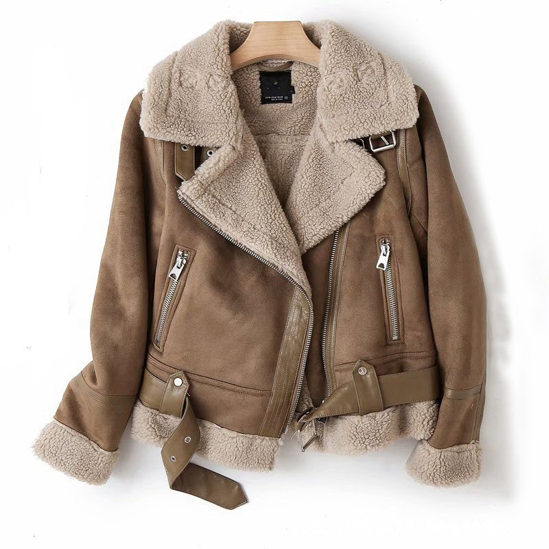 Women's Suede Lamb Wool Jacket - Winter Motorcycle Coat | fash-ique