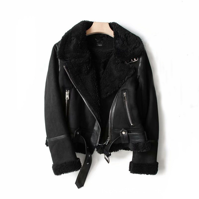 Women's Suede Lamb Wool Jacket - Winter Motorcycle Coat | fash-ique