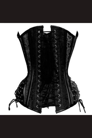 Vegan Leather Goth Corset - Black Tapestry Front Zip | fash-ique