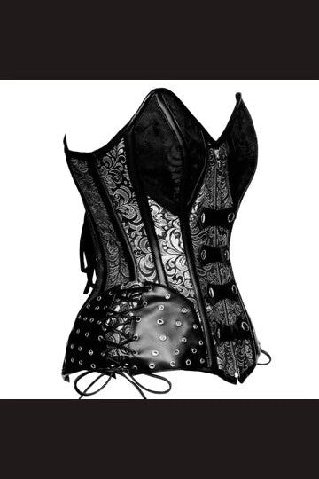 Vegan Leather Goth Corset - Black Tapestry Front Zip | fash-ique
