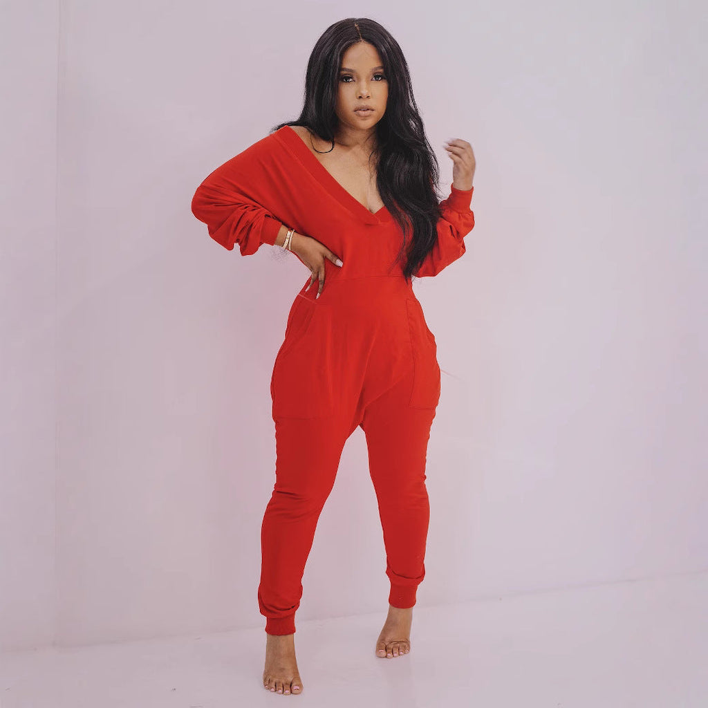 Women's V-Neck Jumpsuit - Long Sleeve Sweatshirt Pajama Loungewear | Bella Mia