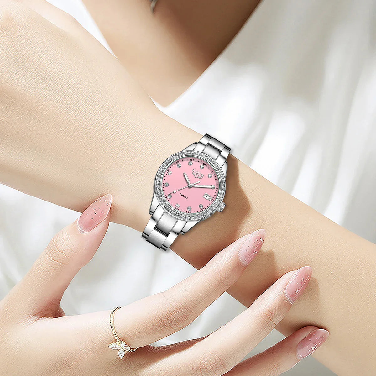 Women's Pink Diamond Dial Quartz Stainless Steel Watch