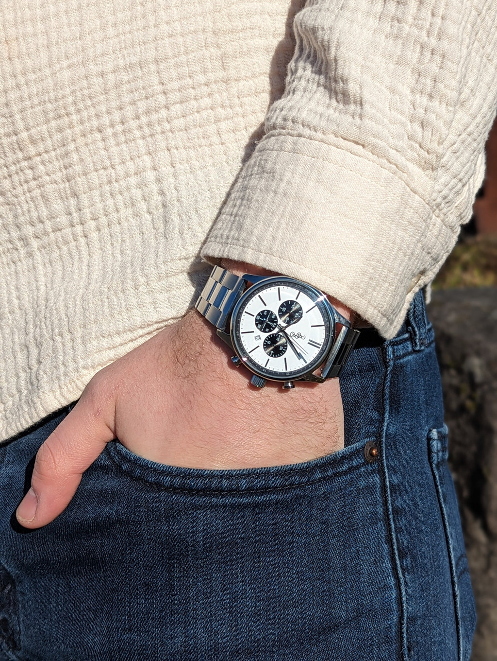 Men's White and Black Chronograph Watch - Stainless Steel and Leather | fash-ique