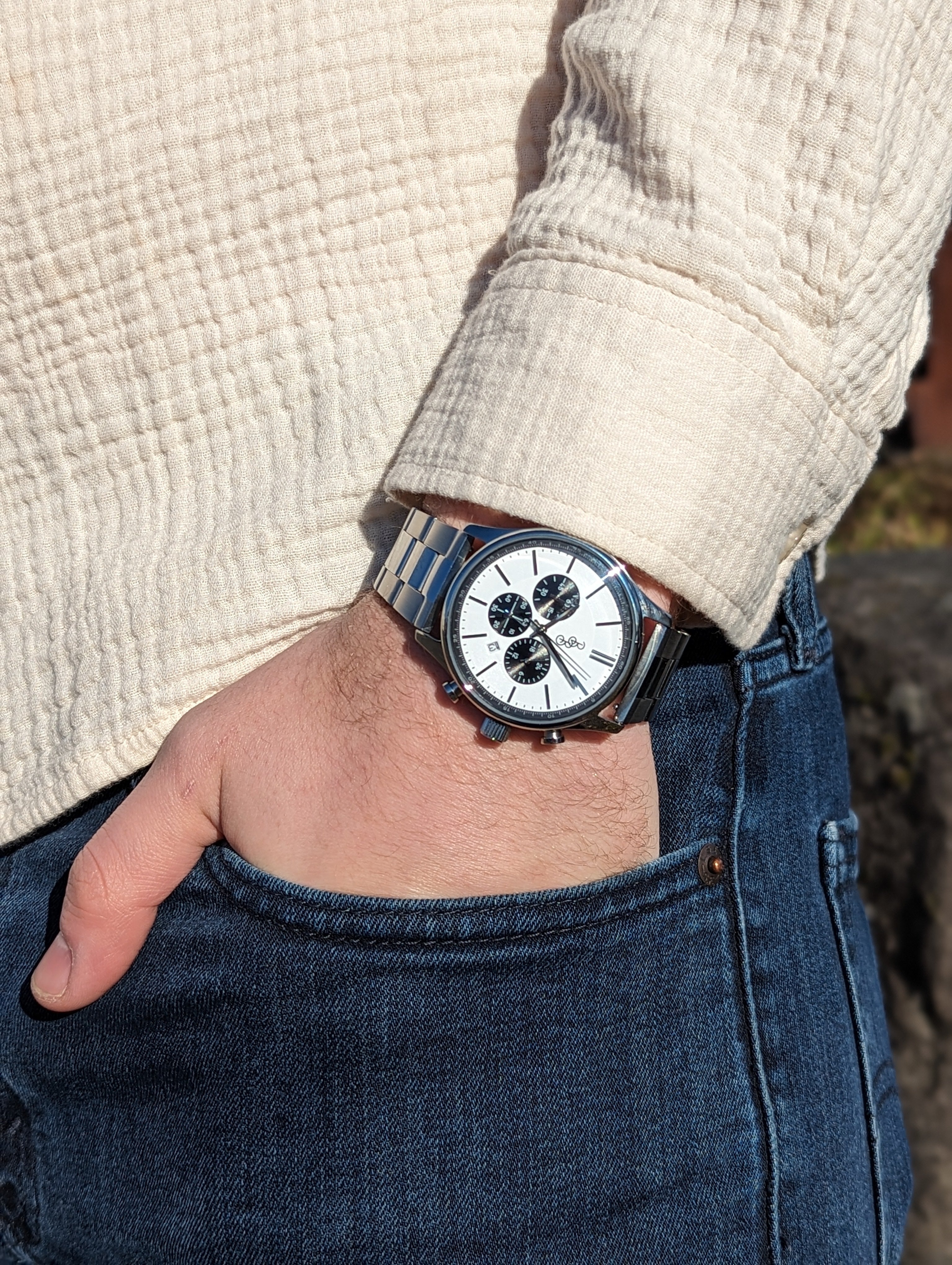 Men's White and Black Chronograph Watch - Stainless Steel and Leather | fash-ique