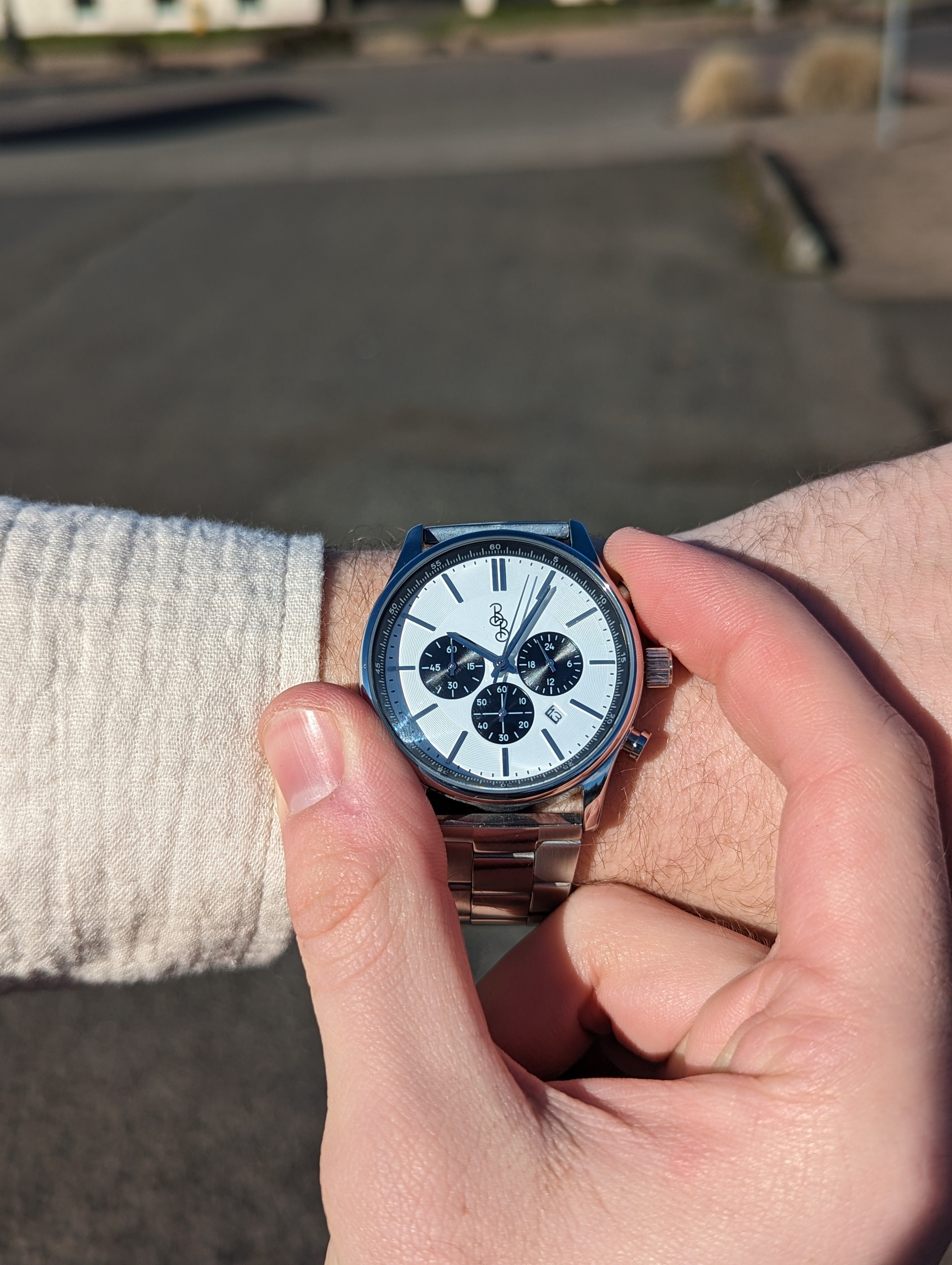 Men's White and Black Chronograph Watch - Stainless Steel and Leather | fash-ique