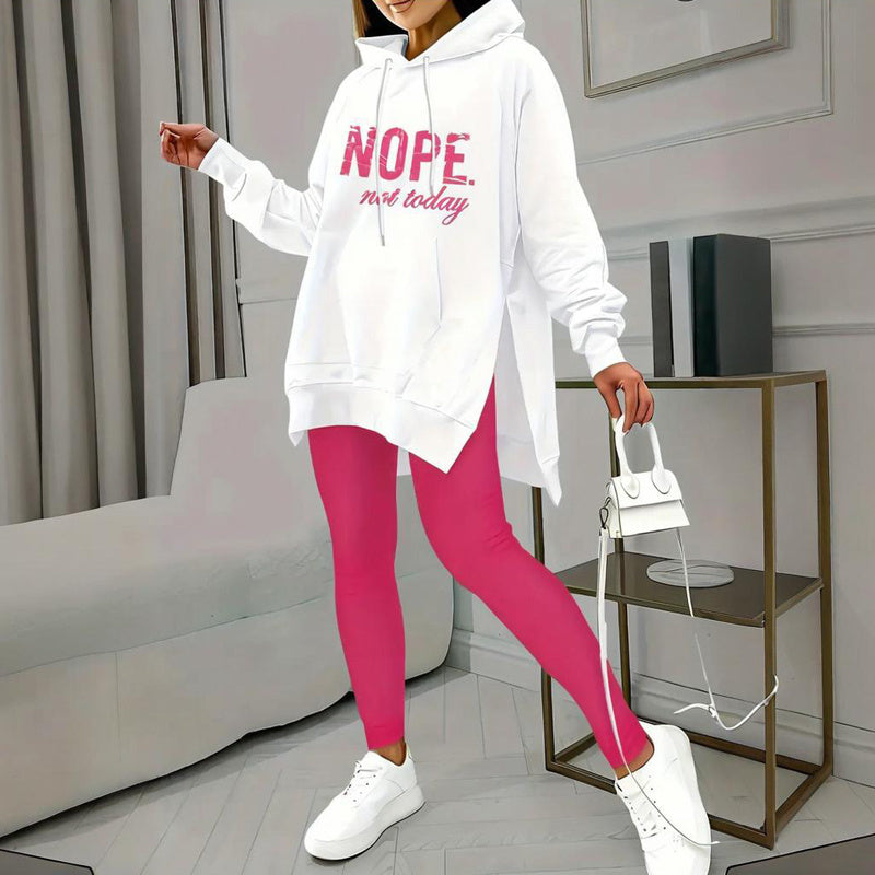 Casual 2-Piece Set Solid Color Leggings & Letter Print Hooded Sweatshirt
