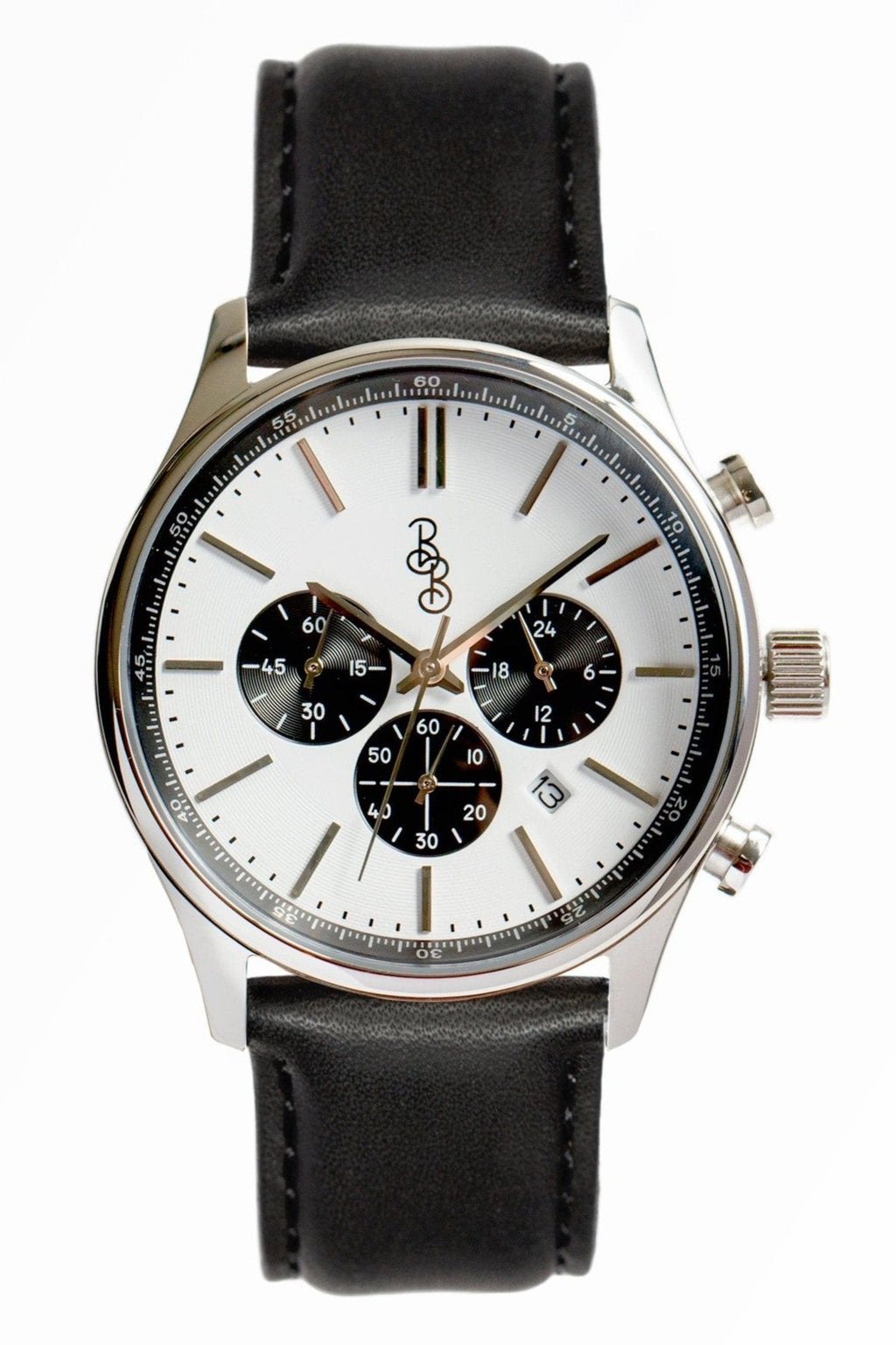 Men's White and Black Chronograph Watch - Stainless Steel and Leather | fash-ique