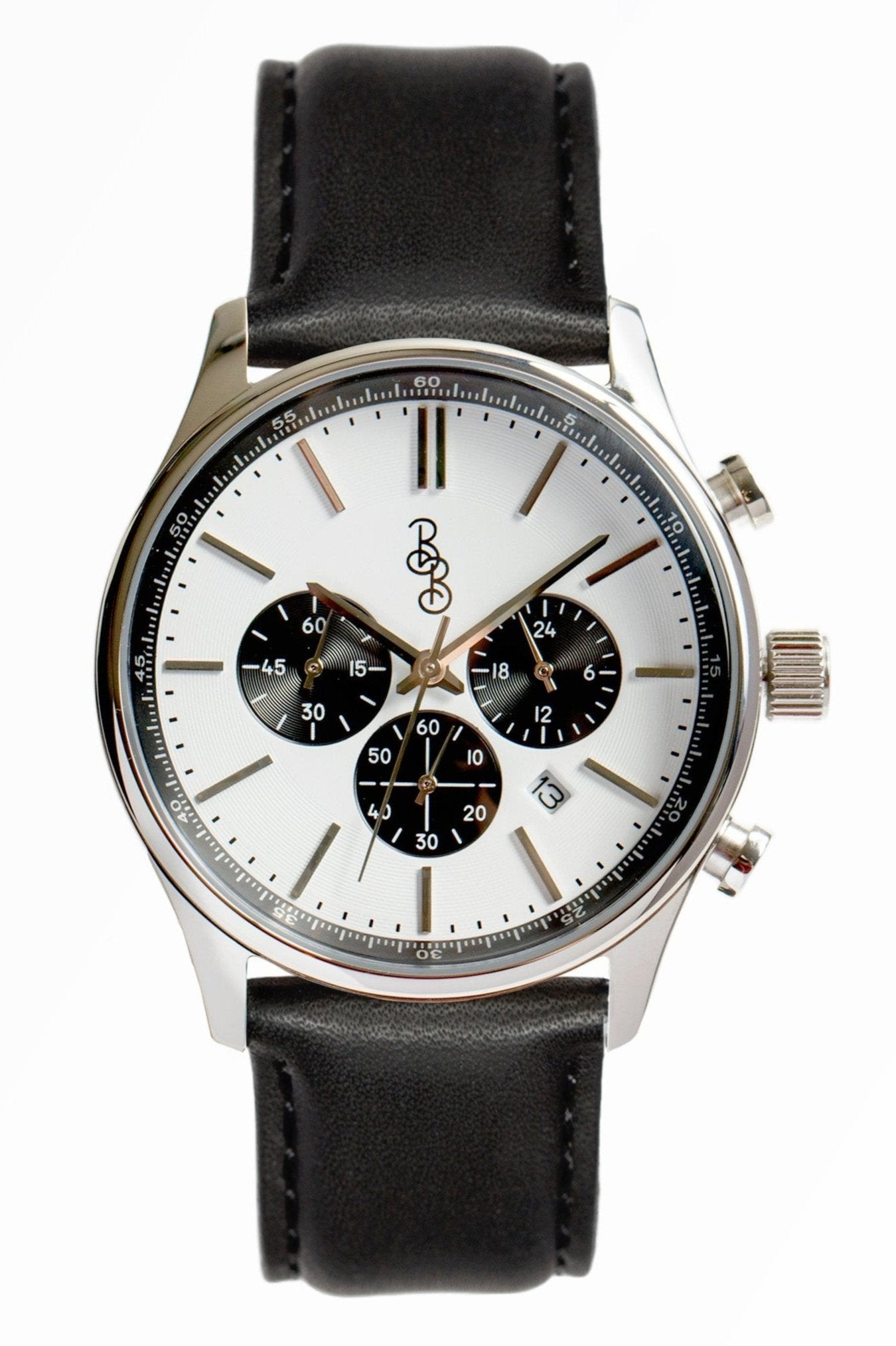 Men's White and Black Chronograph Watch - Stainless Steel and Leather | fash-ique