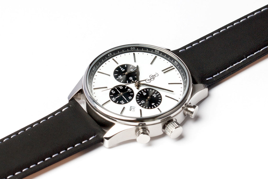 Men's White and Black Chronograph Watch - Stainless Steel and Leather | fash-ique