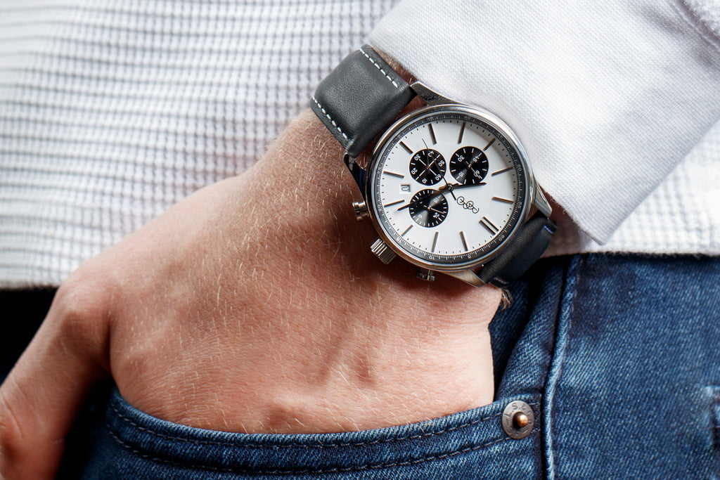 Men's White and Black Chronograph Watch - Stainless Steel and Leather | fash-ique