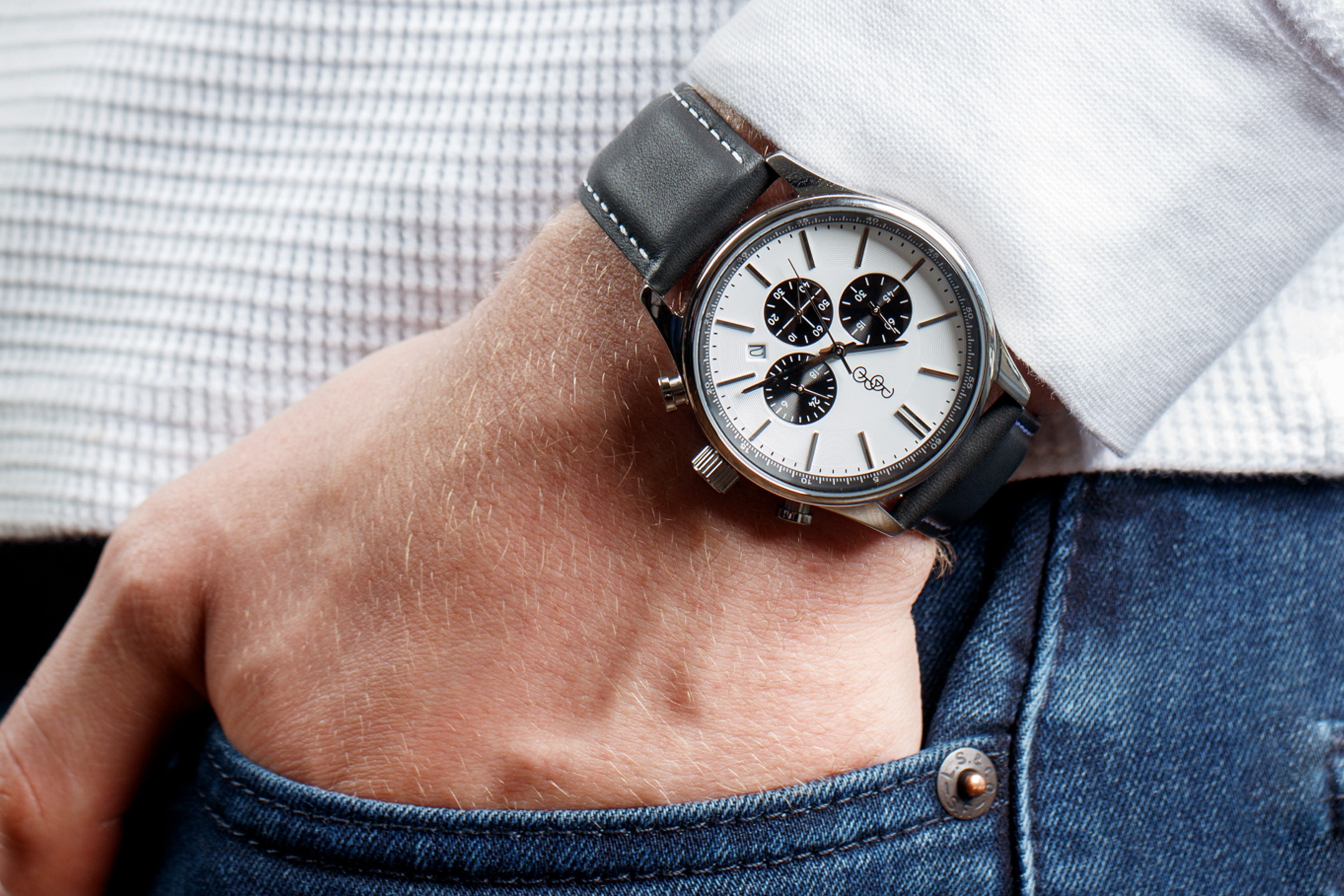 Men's White and Black Chronograph Watch - Stainless Steel and Leather | fash-ique