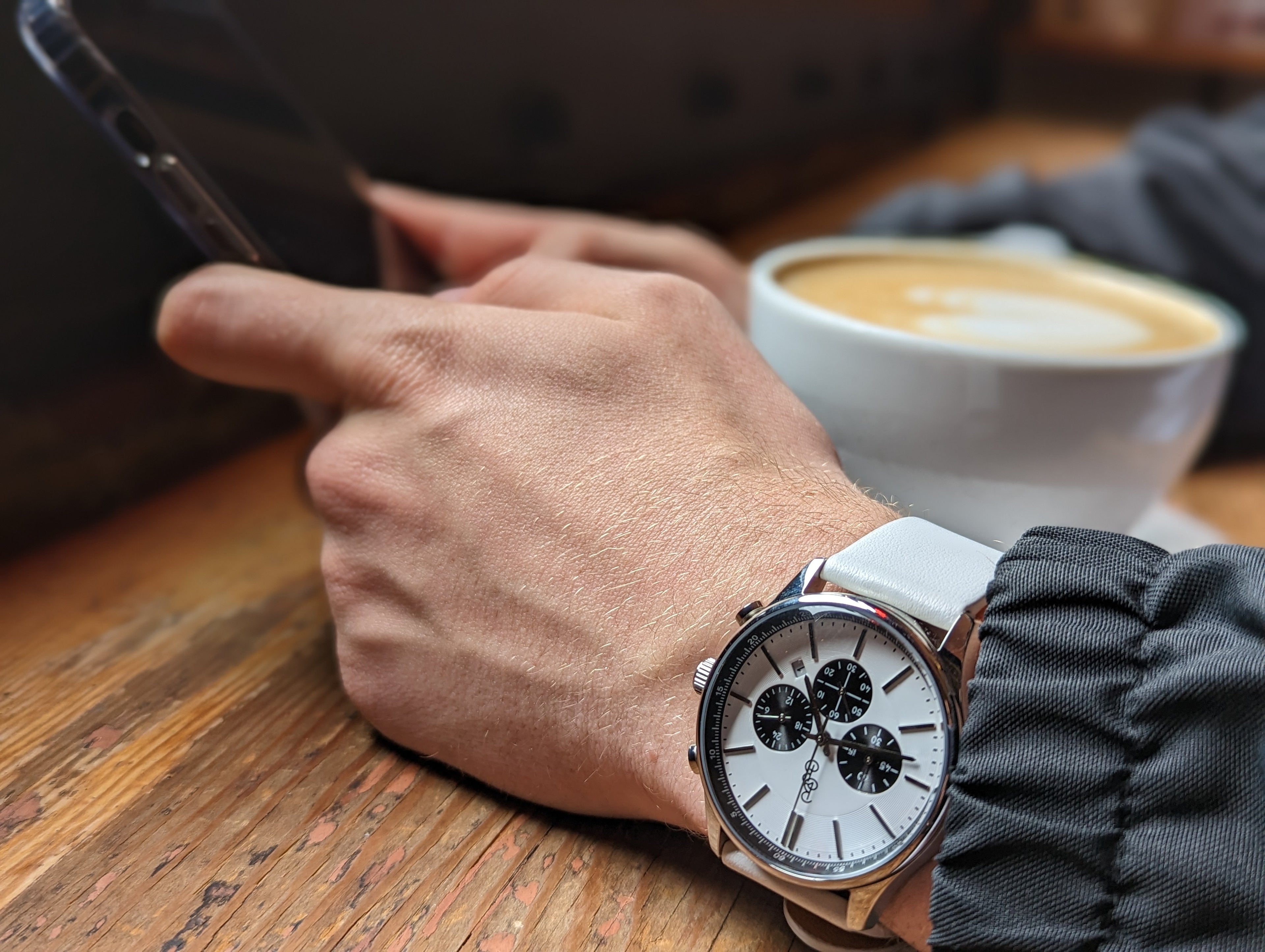 Men's White and Black Chronograph Watch - Stainless Steel and Leather | fash-ique